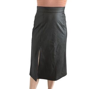 Spanx Vegan Faux Leather Midi Skirt Black Leg Slit Knee Length Size Extra Small